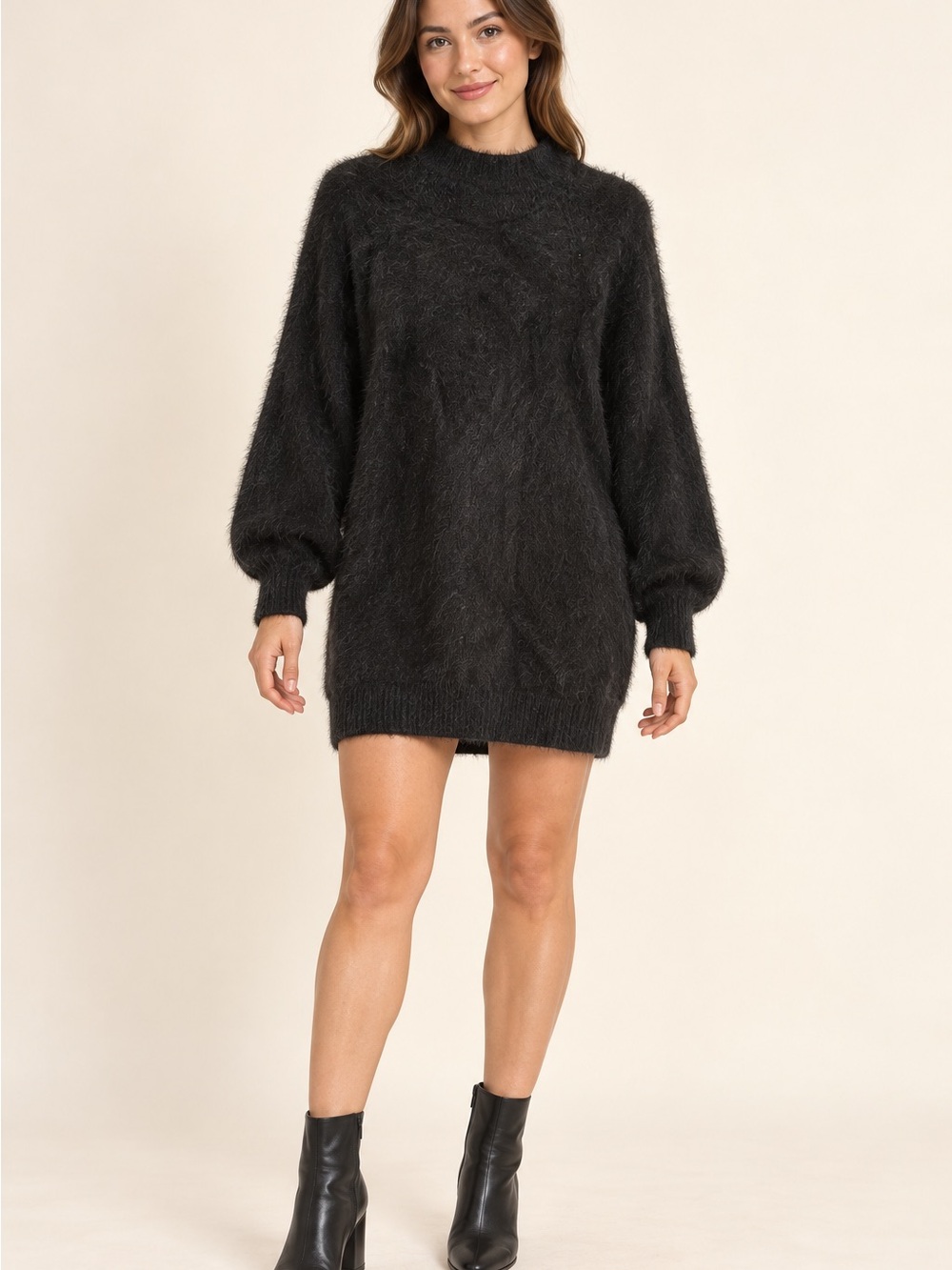 Petal + Pup Black Fuzzy Eyelash Knit Mock Neck Sweater Dress US 6